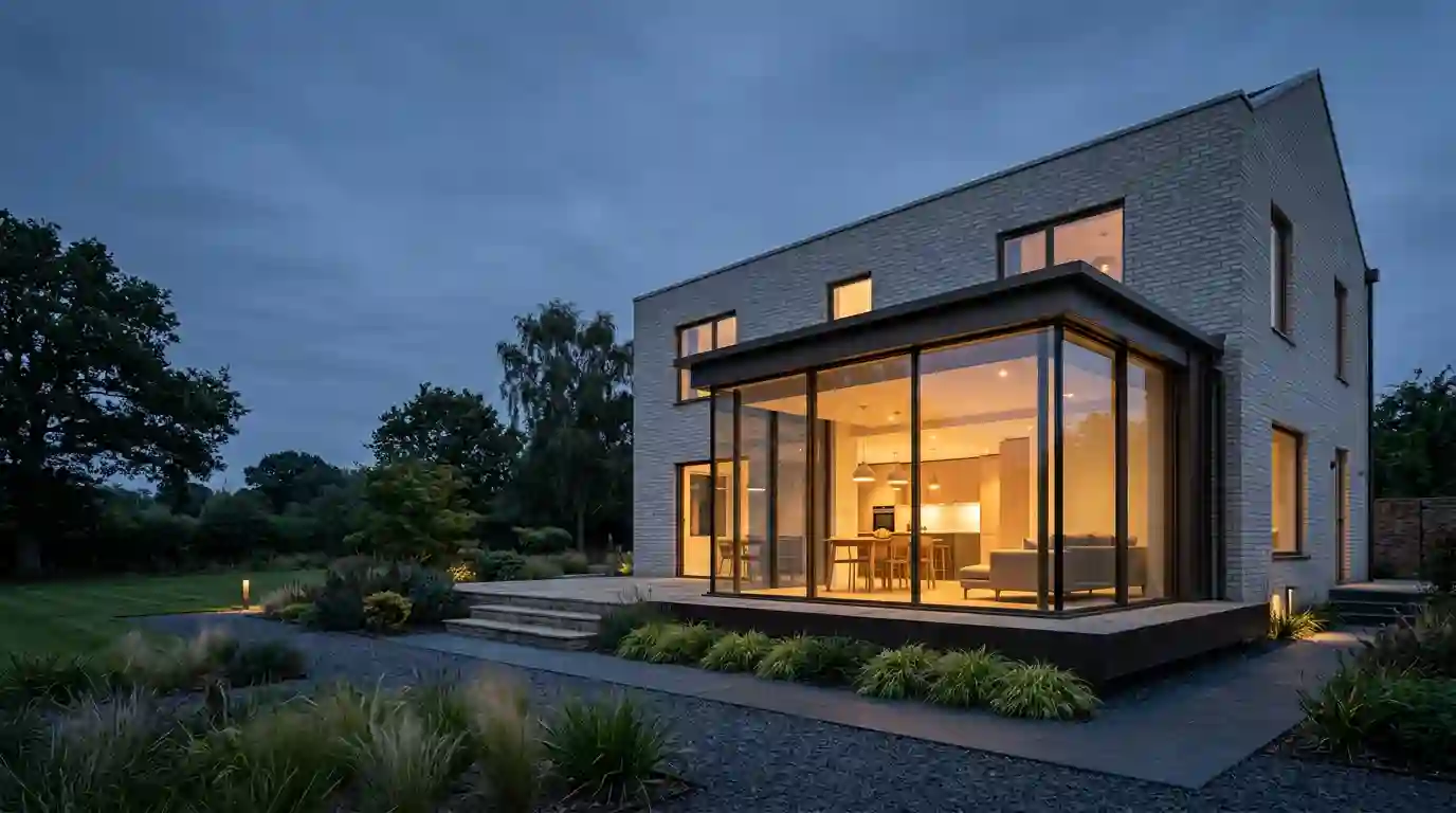 Contemporary pale brick house at dusk with a fully glazed, flat-roofed ground floor extension opening onto a landscaped garden