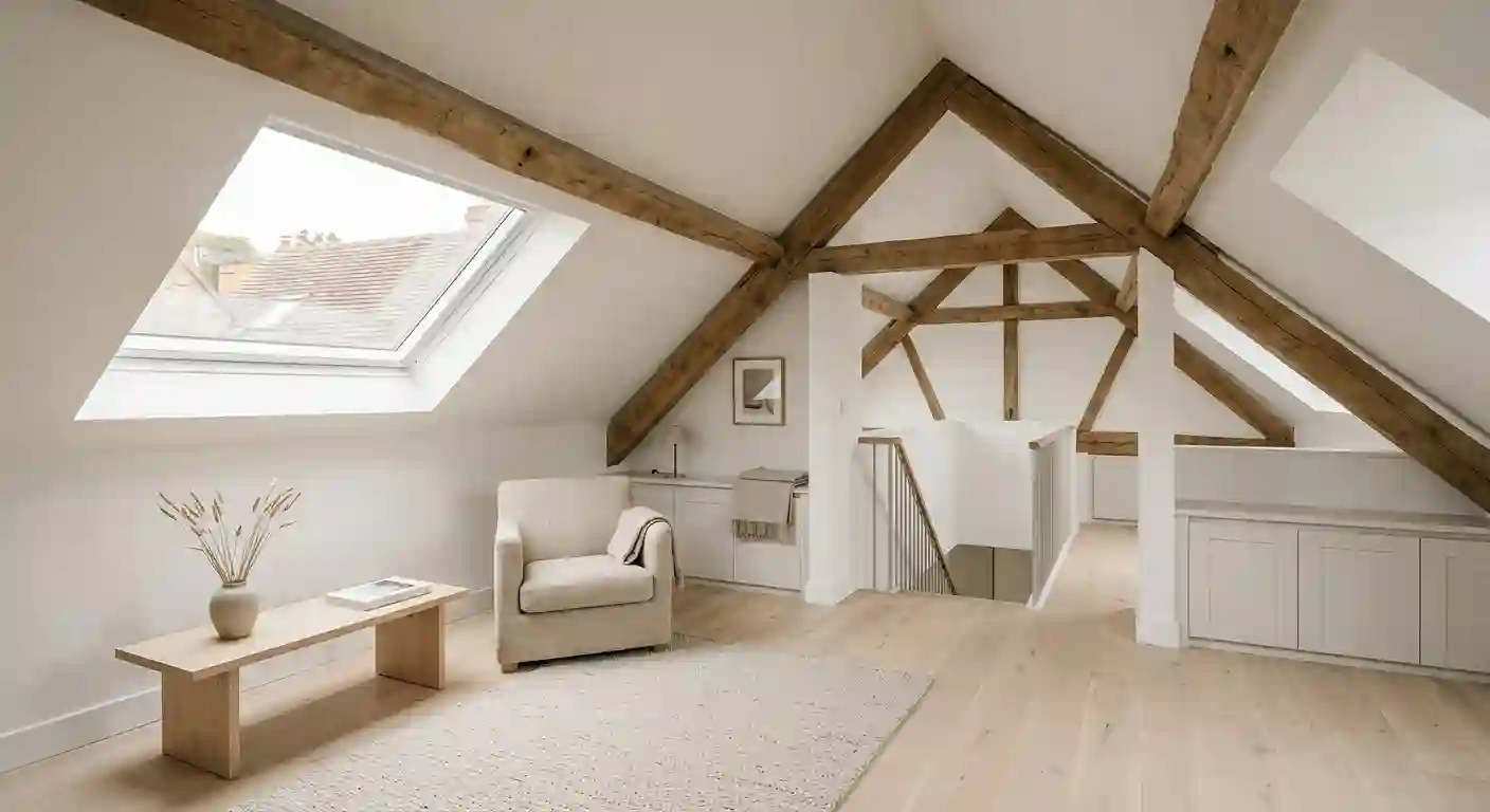 Loft conversion with sloping white ceilings, exposed timber beam and a large rooflight