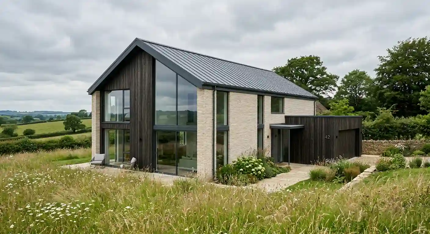 Contemporary detached house in pale brick and dark timber cladding set in a meadow